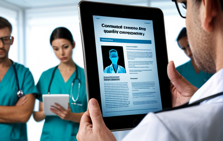 **
A concerned-looking person carefully reading a digital consent form on a tablet, with a magnifying glass highlighting the fine print. In the background, blurred silhouettes of doctors and researchers. Emphasize the importance of informed consent and data privacy. Style: Realistic, slightly dramatic lighting.
**