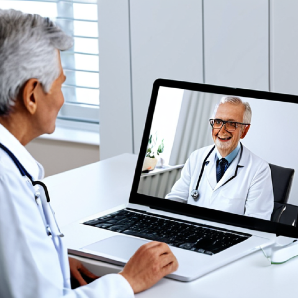 의료 서비스의 디지털화와 데이터 주권 - Telemedicine Consultation**
"A doctor in a modern, bright office consults with a senior patient via...