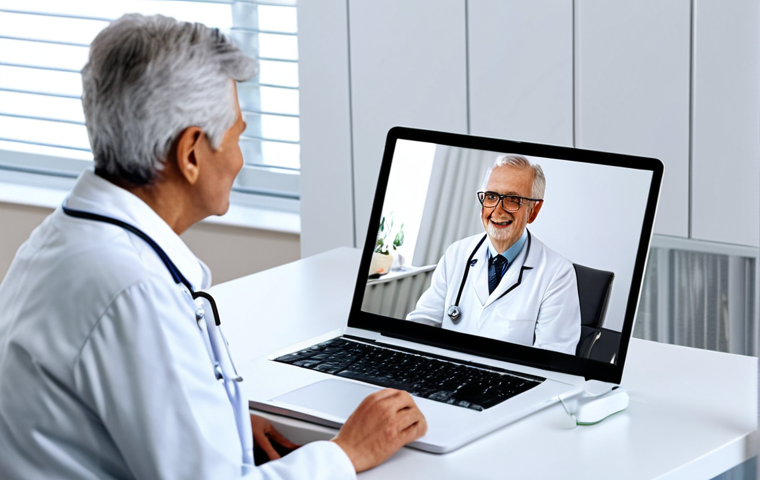 의료 서비스의 디지털화와 데이터 주권 - Telemedicine Consultation**
"A doctor in a modern, bright office consults with a senior patient via...
