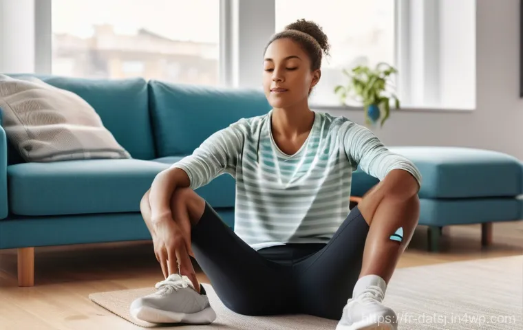 개인 건강 데이터 활용의 장단점 분석 - A young adult, male or female, dressed in comfortable athleisure wear, is gently stretching in a bri...