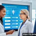 Home 21 건강 데이터 주권과 정보 비대칭 문제 - A modern French medical clinic scene showing a diverse group of adult patients interacting with heal...