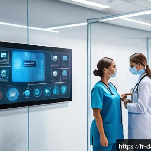 Home 20 헬스케어 데이터의 소유권 다툼 사례 - A modern European hospital data center room with healthcare professionals in business casual attire ...