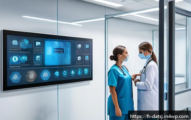 헬스케어 데이터의 소유권 다툼 사례 - A modern European hospital data center room with healthcare professionals in business casual attire ...
